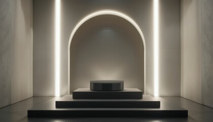 Poster - Modern Display Platform with Arch and Soft Lighting in Minimalist Space