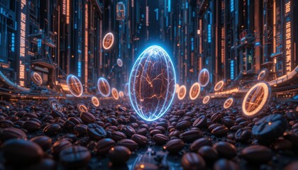 Poster - Futuristic Digital Landscape with Glowing Orb and Coffee Beans