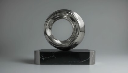Poster - Modern Abstract Sculpture with Polished Metal and Dark Marble Base