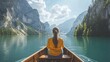 Serene Lake Journey: Woman Rowing a Boat Through Majestic Mountain Scenery