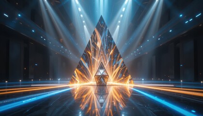 Poster - Futuristic Pyramid Structure with Dynamic Light Effects in a Dark Space