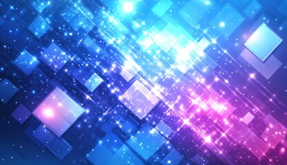 Poster - Abstract blue pink glowing squares, sparkle, light, background.