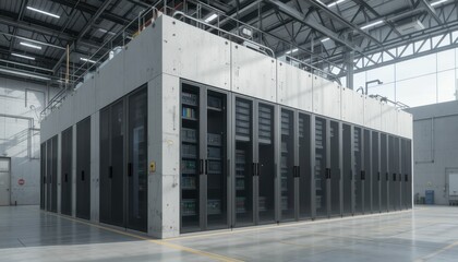 Poster - Modern Data Center Infrastructure with Server Racks in Industrial Setting