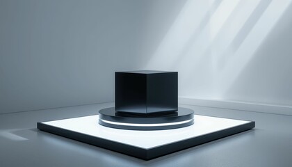 Poster - Black Cube on Display Platform in Minimalist Art Space
