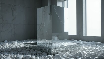 Poster - Reflective Glass Cube Surrounded by White Pebbles in Modern Space
