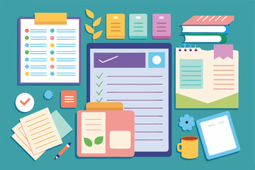 Poster - A vibrant assortment of memo sheets and organizational tools designed for efficient note-taking and task management, Set of paper, Place for notes, memo, to do list,