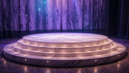 Poster - elegant round stage with soft lighting and purple curtain background