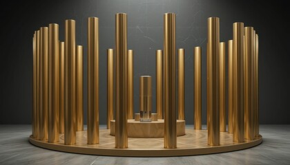 Poster - Modern Golden Sculpture with Vertical Stalactites on Circular Base