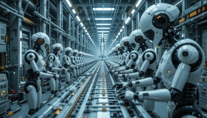 Poster - Advanced Robots Working Together in a Futuristic Factory Setting