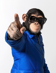 Wall Mural - a chimpanzee in an blue jacket and sunglasses points forward with a confident expression.