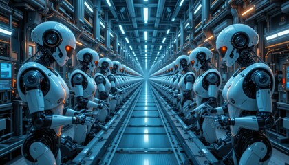 Poster - Futuristic Robots in High-Tech Corridor with Neon Lighting