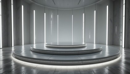 Poster - modern minimalist stage design with bright neon lights and clean lines