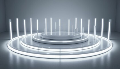 Poster - Futuristic Stage Design with Bright Neon Lights and Circular Elements
