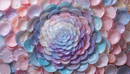 Poster - Colorful Layered Arrangement of Circular Plastic Caps in Pastel Hues