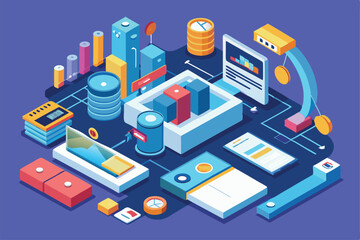Poster - a detailed isometric layout showcasing various analytics tools, data visualization, and customized c