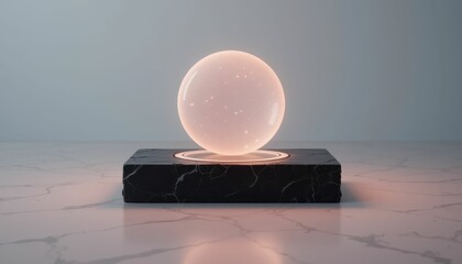 Poster - elegant glowing sphere on a sleek black pedestal in soft lighting