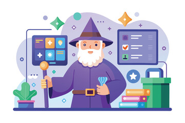 Poster - a whimsical setup wizard in a purple robe and hat stands with a staff, surrounded by interactive ele