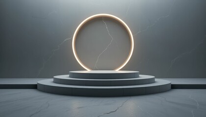 Poster - Minimalistic Display Stage with Illuminated Round Frame and Steps