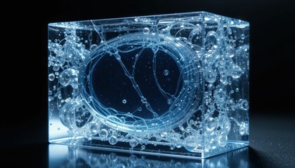 Poster - Abstract Design of Clear Resin Block with Blue Liquid and Bubbles