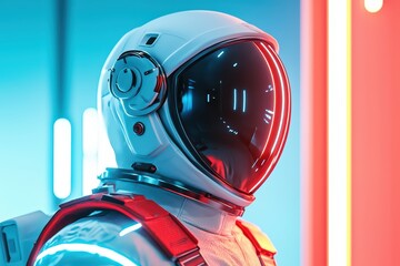 Poster - Futuristic Astronaut in Neon Lit Space Station Environment with High-Tech Suit and Helmet