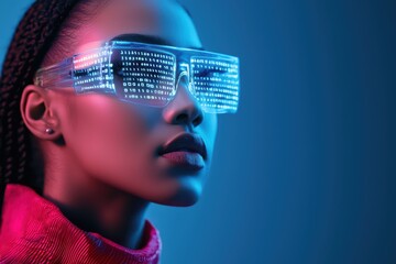 Poster - Futuristic Scientist Analyzing Data Using Holographic Technology in a Neon Environment