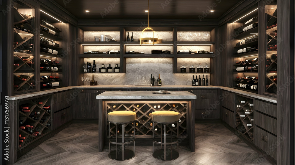 Luxurious home wine cellar with island, bar stools, and herringbone ...