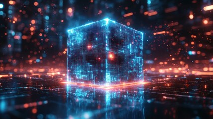 Glowing digital cube futuristic landscape