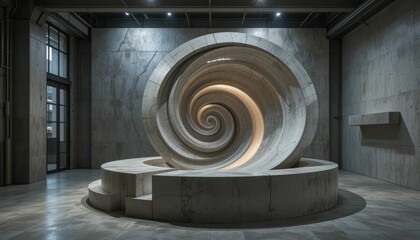 Poster - Abstract concrete sculpture with spiral design and ambient lighting