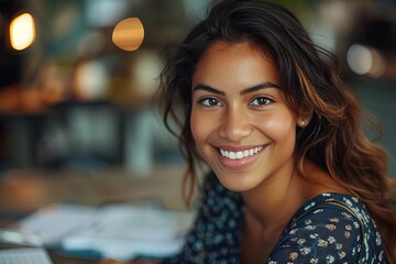 Poster - Young female accountant smiling while working on computer to diligently calculate bills and taxes from a high angle shot.