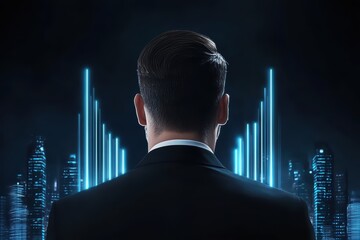 Poster - Executive in Suit Oversees Virtual Cityscape with Neon Lights and Digital Data Visualizations