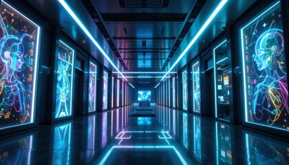 Poster - Futuristic Corridor with Neon Lights and Digital Art Displays