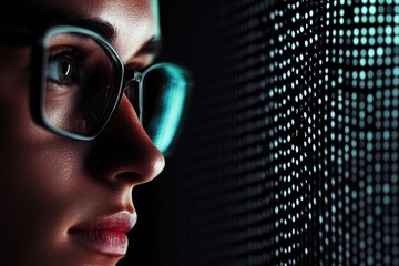 Poster - Expert Female in Glasses Analyzing Cyber Security Data on a Holographic Screen