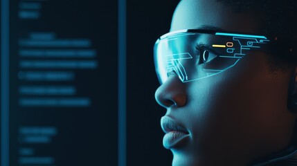 Poster - Advanced Cybernetic Human with Holographic Interface and Futuristic Glasses