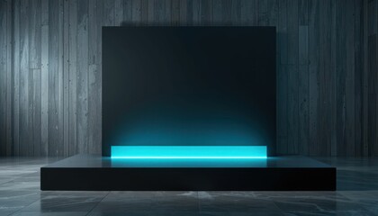 Poster - Modern Minimalist Display with Soft Blue Light in Dark Interior