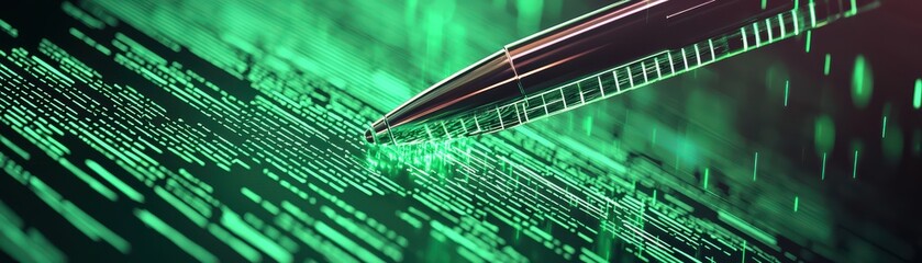 Poster - Digital Contract Signing with Glowing Holographic Pen and Coding Elements in Background