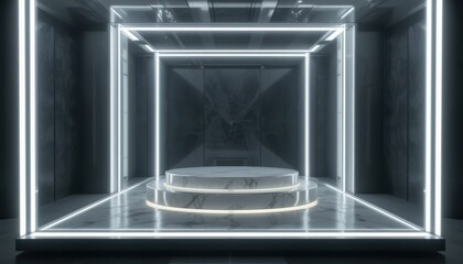 Poster - modern minimalist showcase with neon lights and marble floor