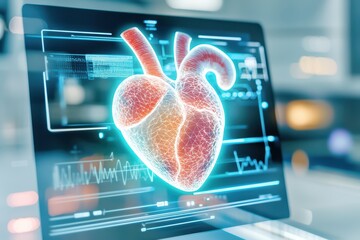Poster - Floating Holographic Heart Pulse Icons on Screen with Futuristic Medical Interface Elements