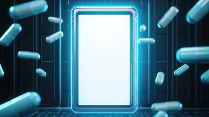Poster - Floating Holographic Medicine Cabinet in a Futuristic Setting with Capsules and Technology Background
