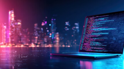 Poster - Futuristic Workspace with Holographic Coding and Vibrant Cityscape at Night