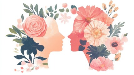 Poster - Two silhouette profiles surrounded by vibrant floral arrangements representing beauty and nature