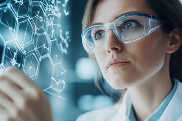 Poster - Scientist Analyzing Holographic Molecular Structure with Advanced Technology and Focused Expression
