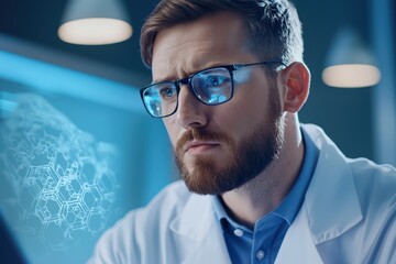 Poster - scientist analyzing holographic molecular structure in modern laboratory setting
