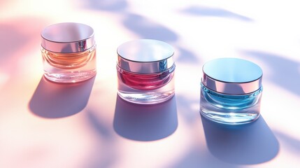 Poster - Three elegantly arranged skincare jars with reflective lids, casting soft shadows on a pastel surface