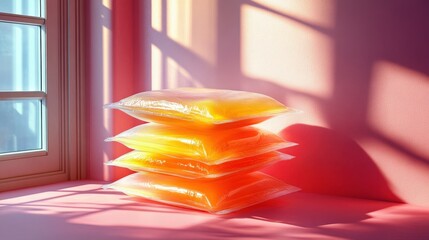 Poster - Vibrant orange gel packs stacked in a sunlit room, casting colorful shadows on the surface
