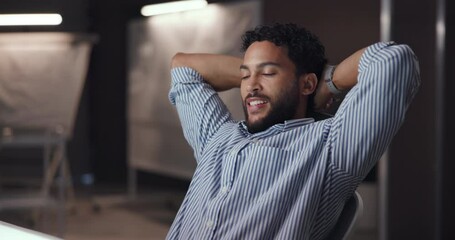 Aufkleber - Happy, designer and man rest at night done with tasks, project and drawing for automobile prototype. Creative, artist and person relax, chill and on break with blueprint, papers and illustration