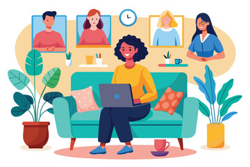 Poster - A woman sits comfortably on a couch, engaged in an online meeting while surrounded by lively decor, Sitting woman having online meeting with couch trending