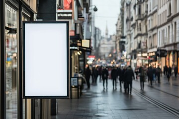 Wall Mural - Blank storefront sign mockup on a busy city shopping street
