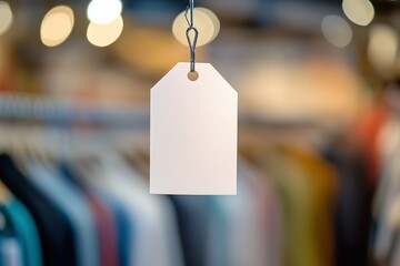 Wall Mural - Blank white tag hanging in a clothing store with a blurred background of clothes on hangers