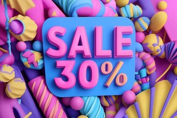 Wall Mural - Bold 3D text SALE 30% announcement in a vibrant comic style