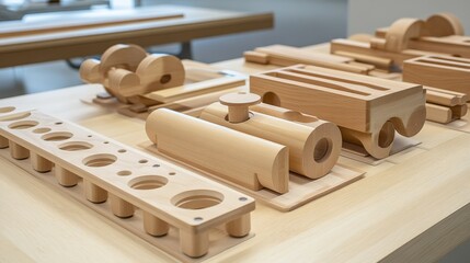 Poster - Wooden geometric shapes and models displayed on a modern workspace table for design inspiration